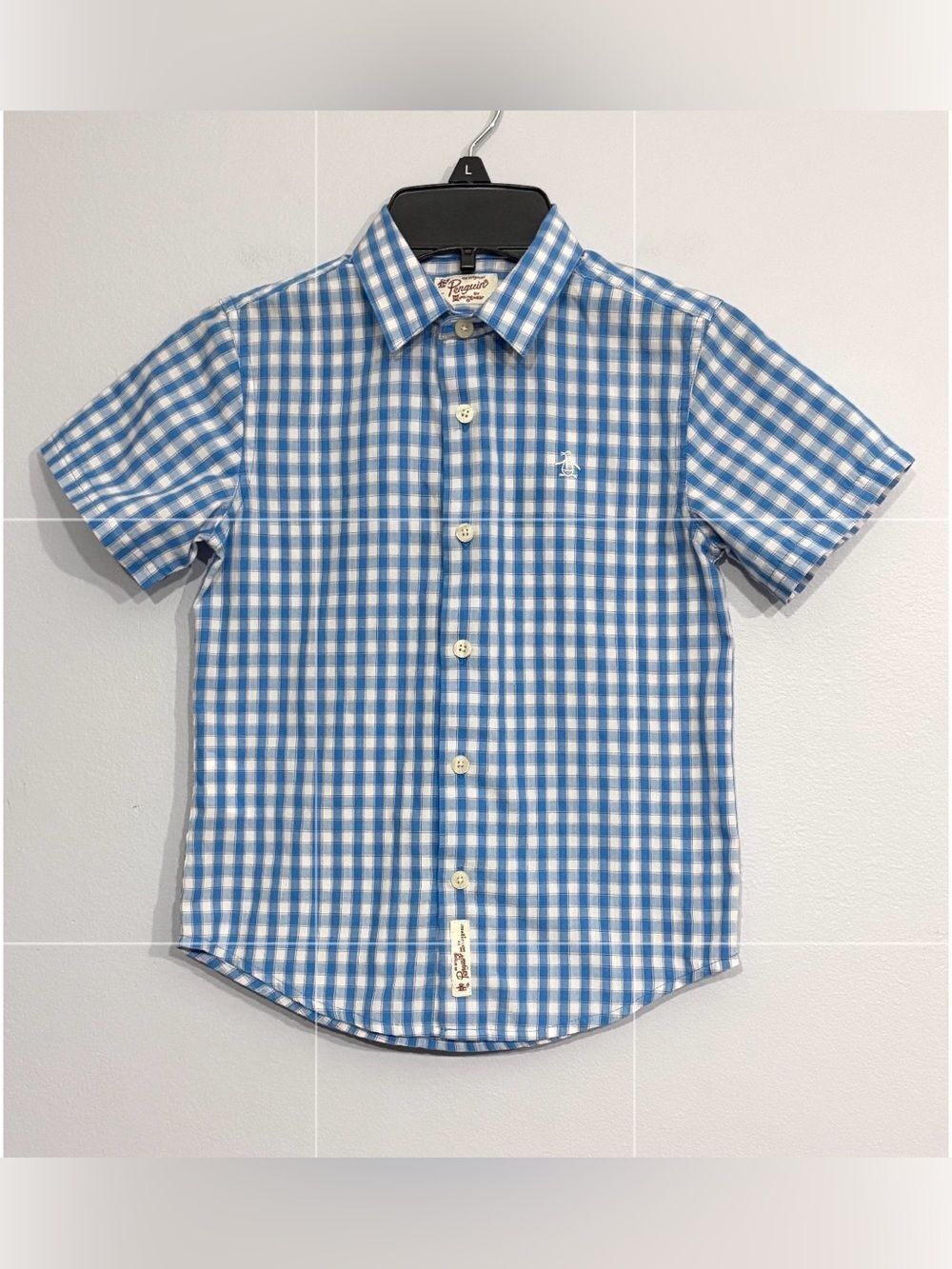 Original Penguin Little Boys Bue Plaid Button Down Dress Shirt Casual Medium 5-6